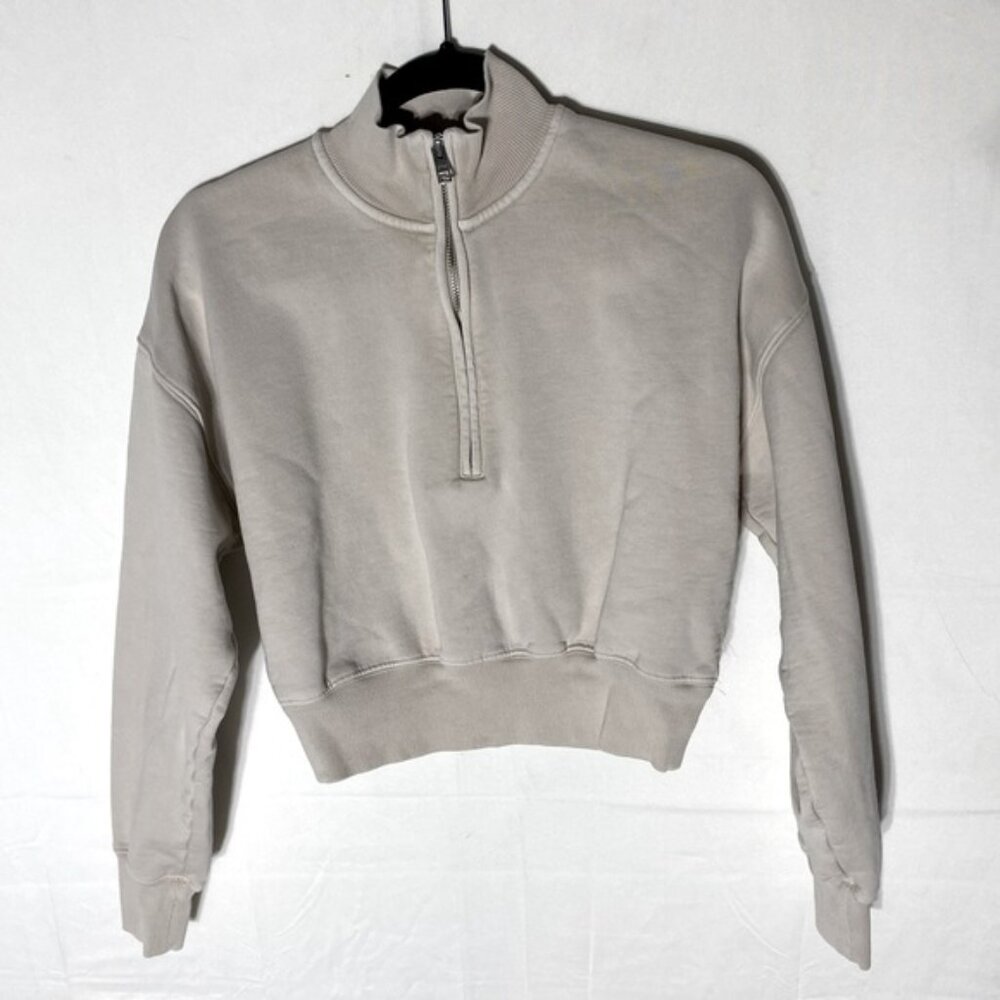 Aritiza Wilfred Free Beige Cotton Blend Cropped Half Zip Mock Neck Sweatshirt XS